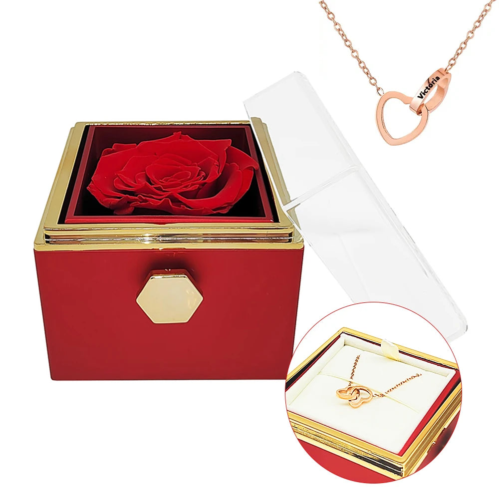Rotating Eternal Rose Engraved Necklace Valentines Mother Day Gift Box Engraved Interlocking Heart Necklace Eternal Rose Box