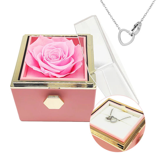 Rotating Eternal Rose Engraved Necklace Valentines Mother Day Gift Box Engraved Interlocking Heart Necklace Eternal Rose Box